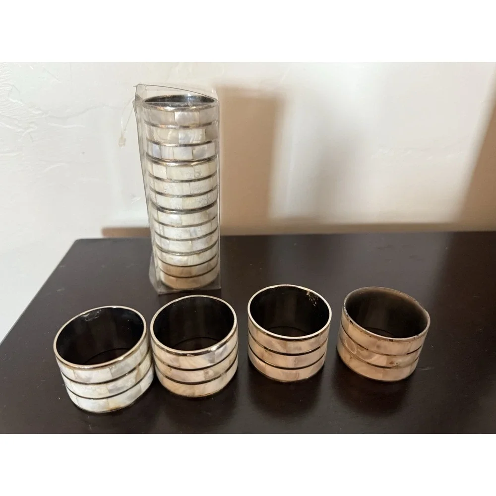 Mother of Pearl Silver Tone Metal Napkin Rings Holders Vintage Set Of 8